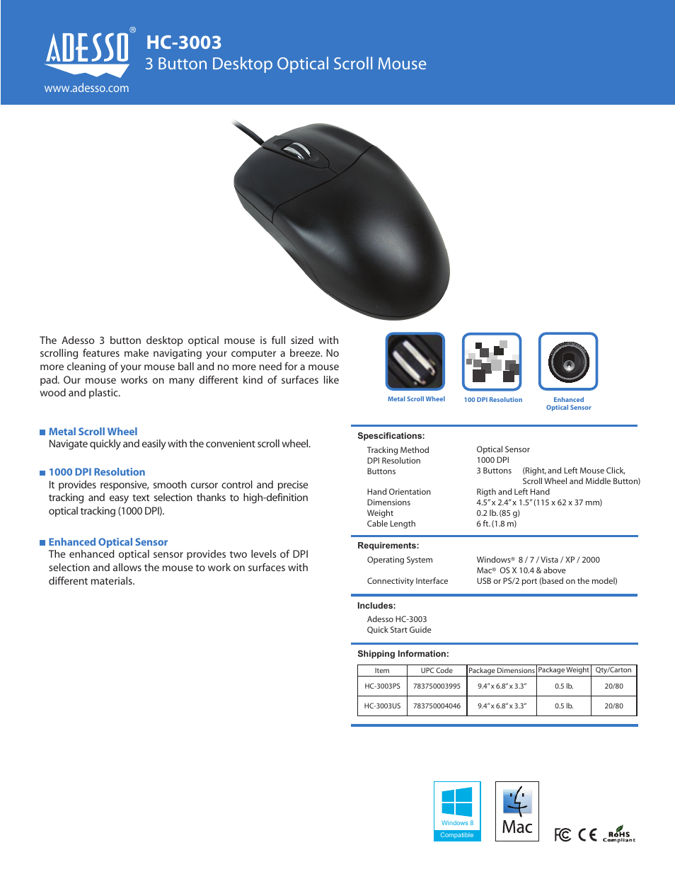 Adesso HC-3003US User Manual | 1 page