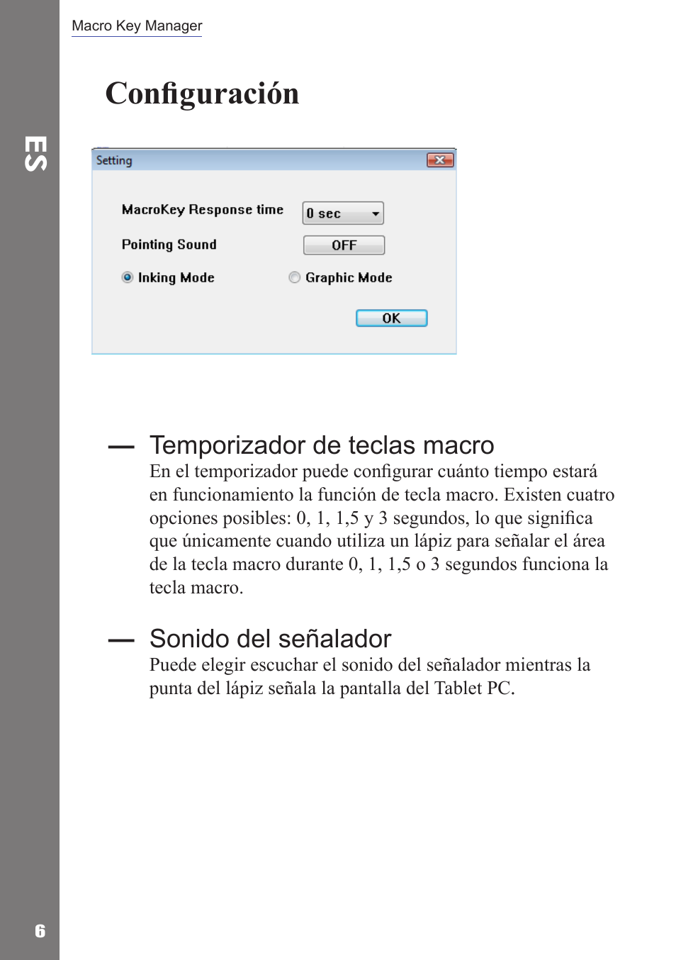 Configuración, Temporizador de teclas macro, Sonido del señalador | Adesso Cybertablet Z12 Users Manual User Manual | Page 20 / 38