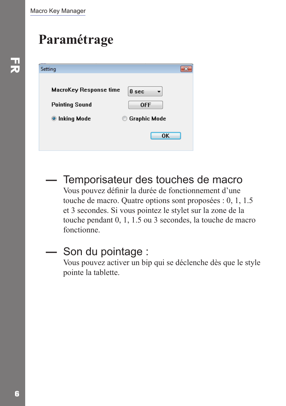 Paramétrage, Temporisateur des touches de macro, Son du pointage | Adesso Cybertablet Z12 Users Manual User Manual | Page 32 / 38