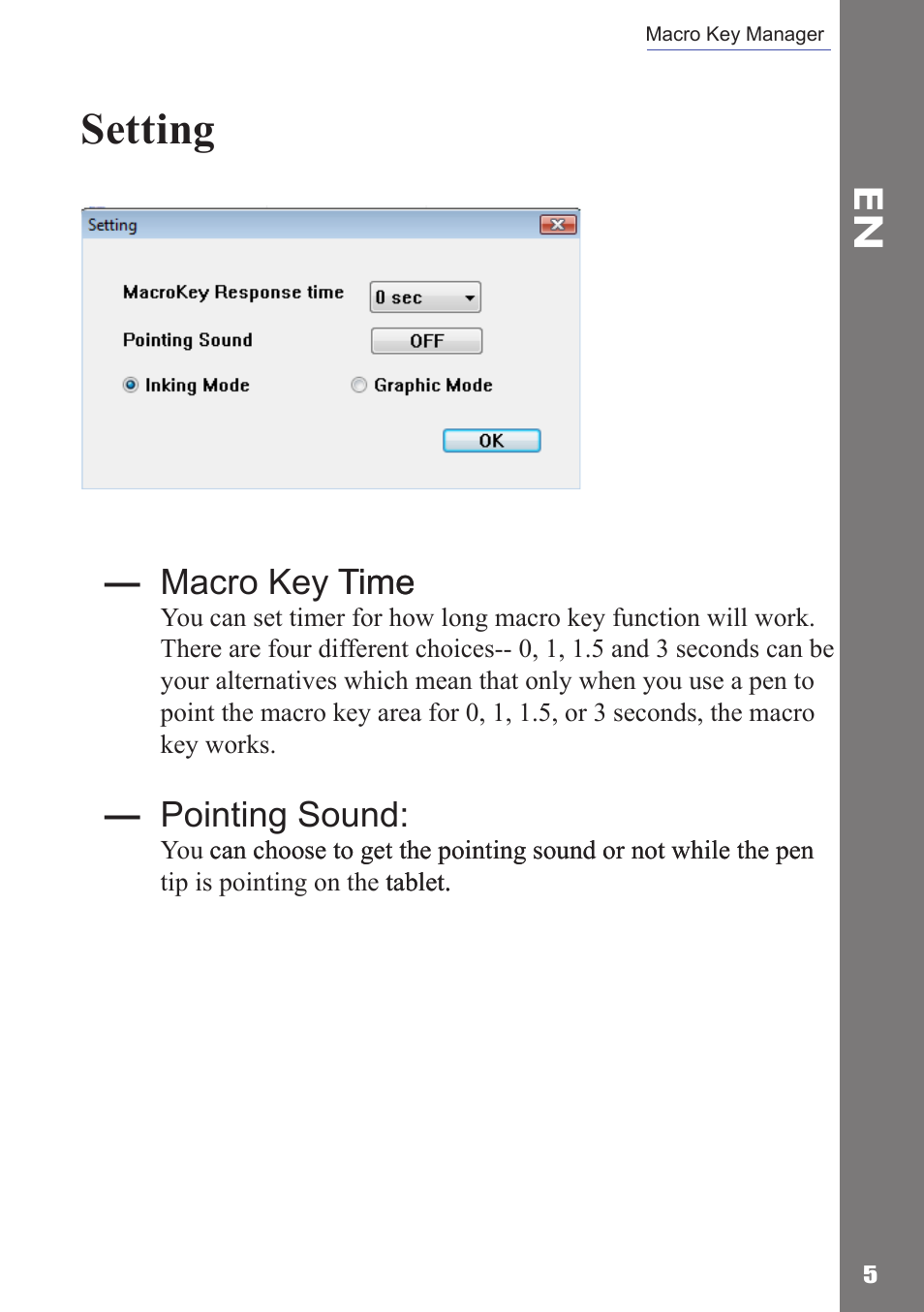 Setting, Macro key �ime �ime, Pointing sound | Adesso Cybertablet Z12 Users Manual User Manual | Page 7 / 38