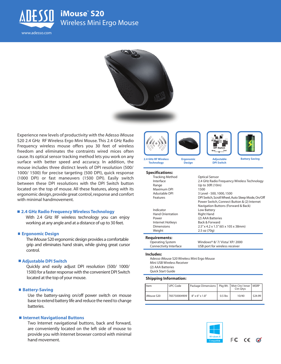 Adesso iMouse S20 User Manual | 1 page