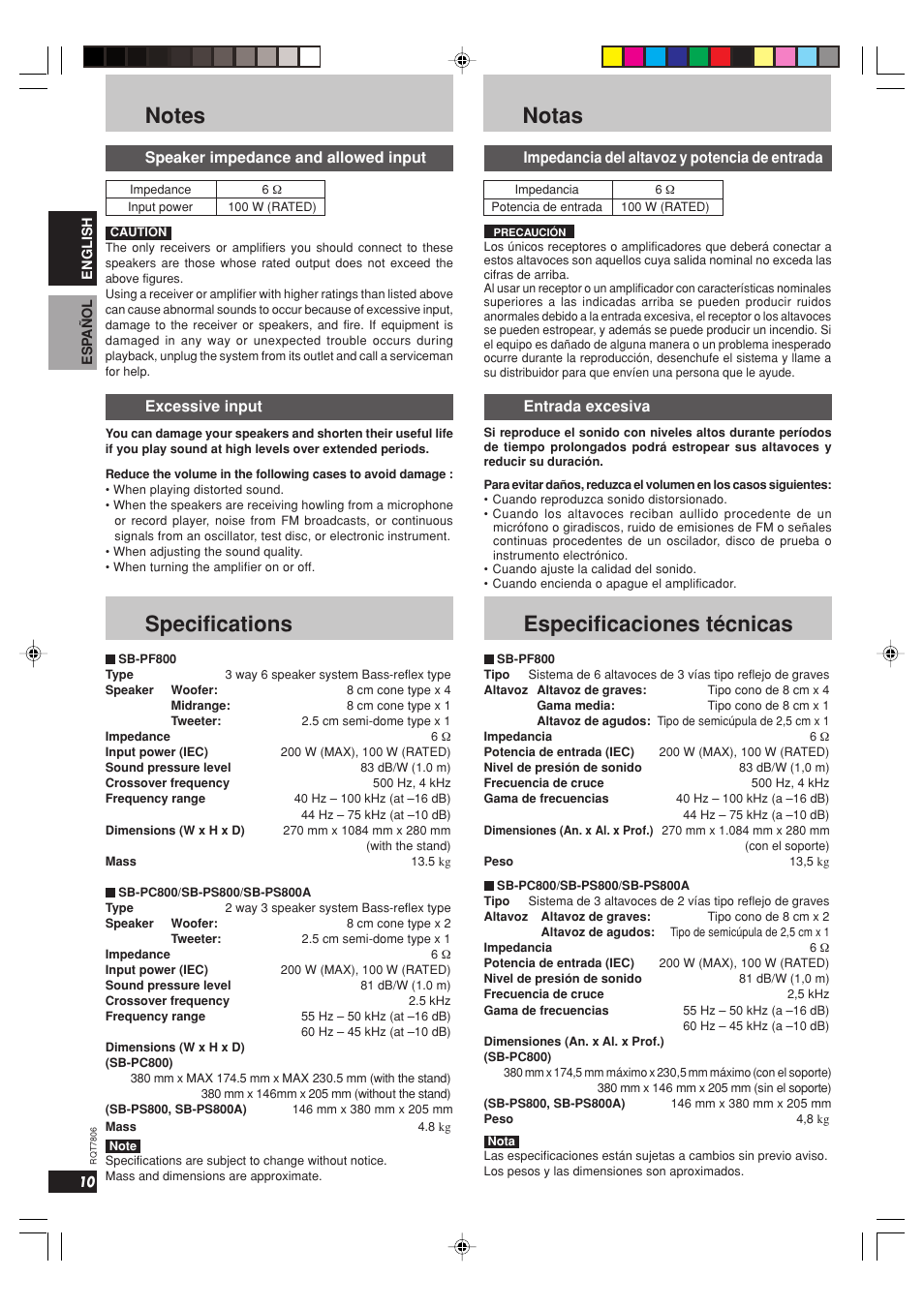 Specifications, Notas, Especificaciones técnicas | Speaker impedance and allowed input, Excessive input, Impedancia del altavoz y potencia de entrada, Entrada excesiva | Panasonic SB PS 800 A User Manual | Page 10 / 32