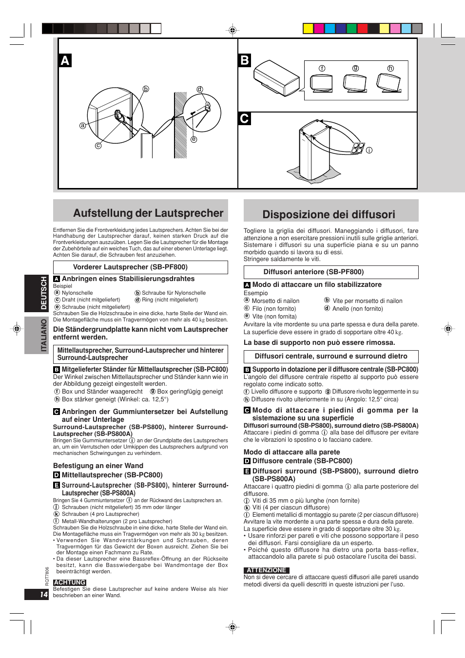 Aufstellung der lautsprecher, Disposizione dei diffusori | Panasonic SB PS 800 A User Manual | Page 14 / 32