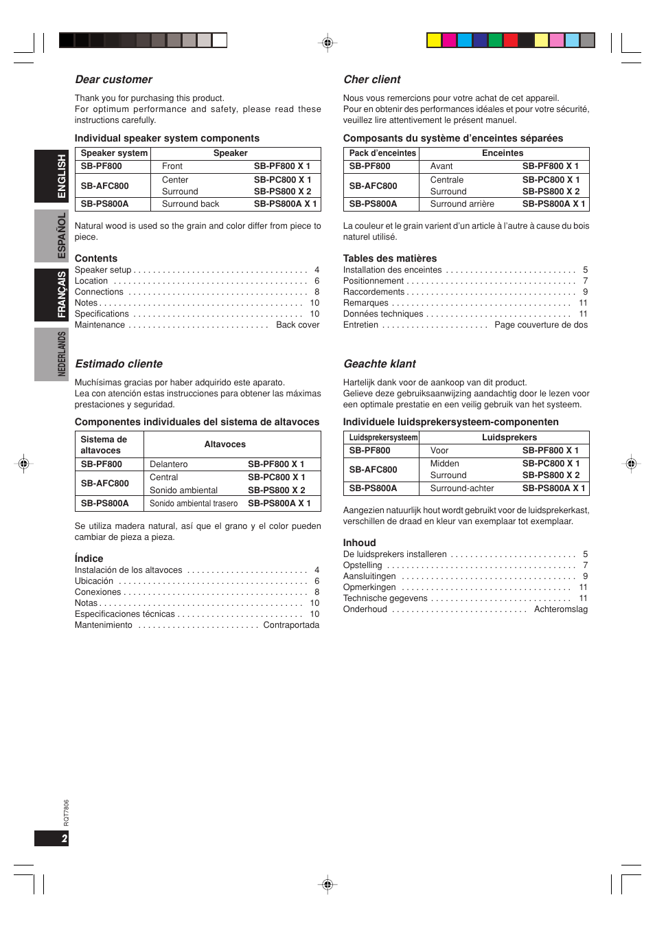Dear customer, Estimado cliente, Cher client | Geachte klant | Panasonic SB PS 800 A User Manual | Page 2 / 32