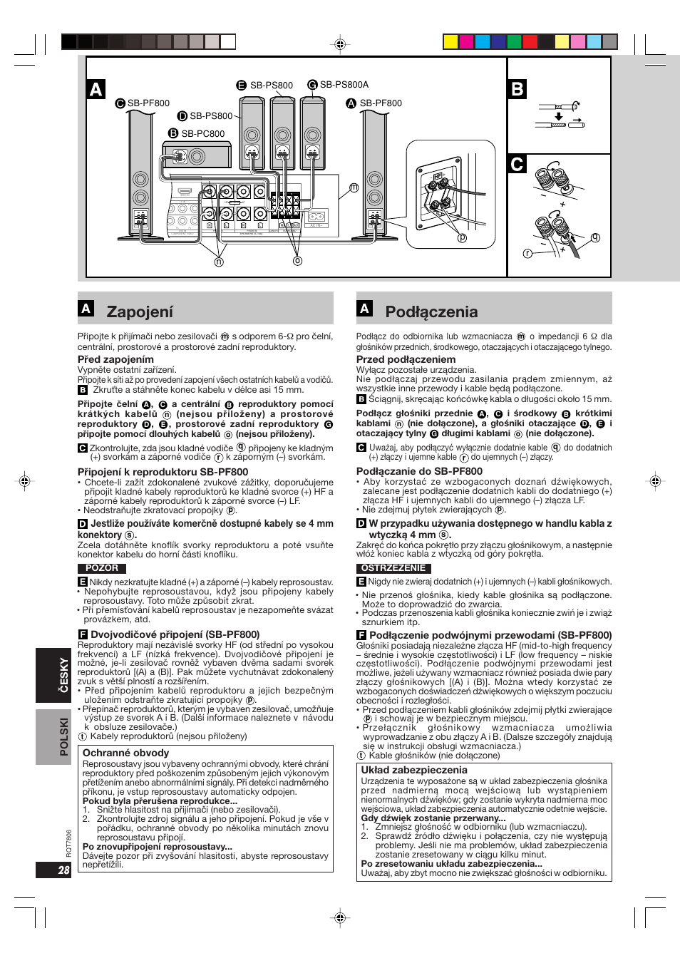 Zapojení, Podłączenia, 28 česky polski | Před zapojením, Připojení k reproduktoru sb-pf800, Dvojvodičové připojení (sb-pf800), Ochranné obvody, Przed podłączeniem, Podłączanie do sb-pf800, Podłączenie podwójnymi przewodami (sb-pf800) | Panasonic SB PS 800 A User Manual | Page 28 / 32