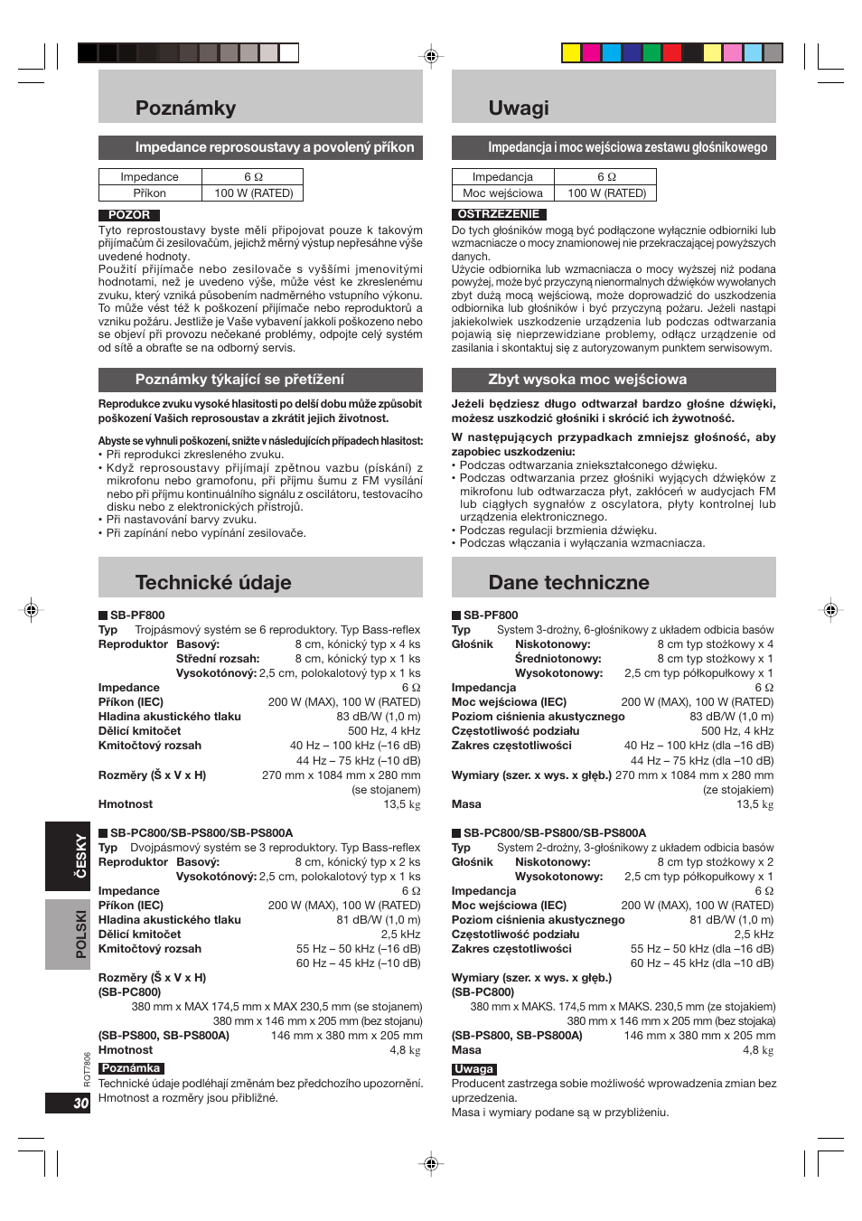 Poznámky, Technické údaje, Uwagi | Dane techniczne, Impedance reprosoustavy a povolený příkon, Poznámky týkající se přetížení, Impedancja i moc wejściowa zestawu głośnikowego, Zbyt wysoka moc wejściowa | Panasonic SB PS 800 A User Manual | Page 30 / 32