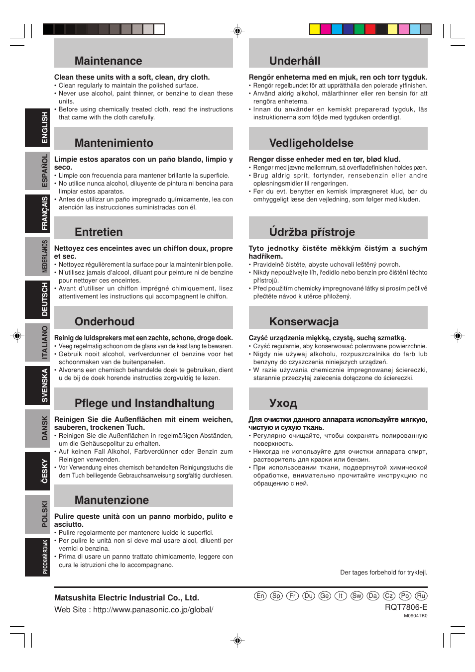 Maintenance, Mantenimiento, Entretien | Onderhoud, Pflege und instandhaltung, Manutenzione, Underhåll, Vedligeholdelse, Yxol, Údržba přístroje | Panasonic SB PS 800 A User Manual | Page 32 / 32