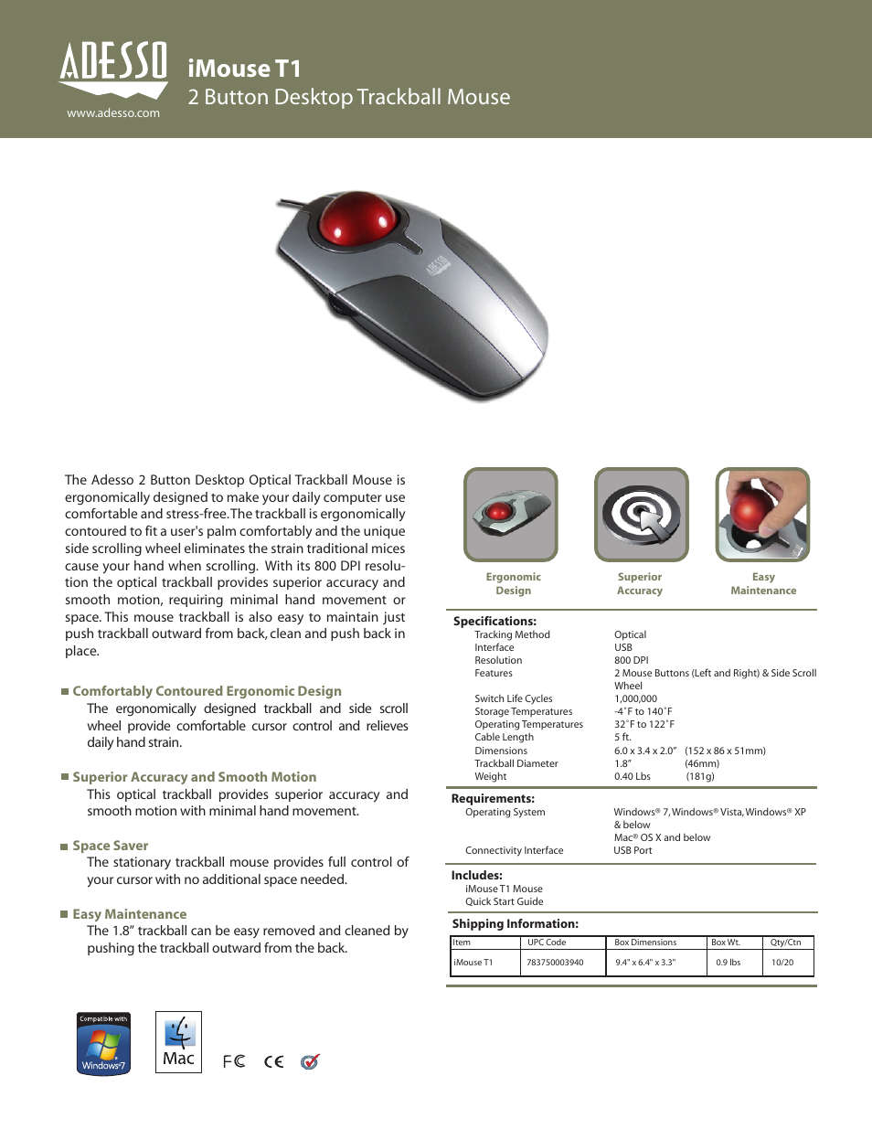 Adesso iMouse T1 User Manual | 1 page