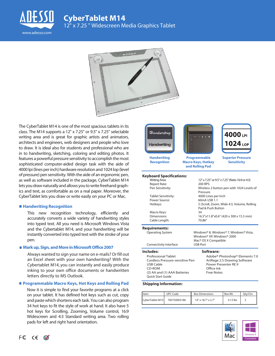 Adesso CyberTablet M14 Datasheet User Manual | 1 page