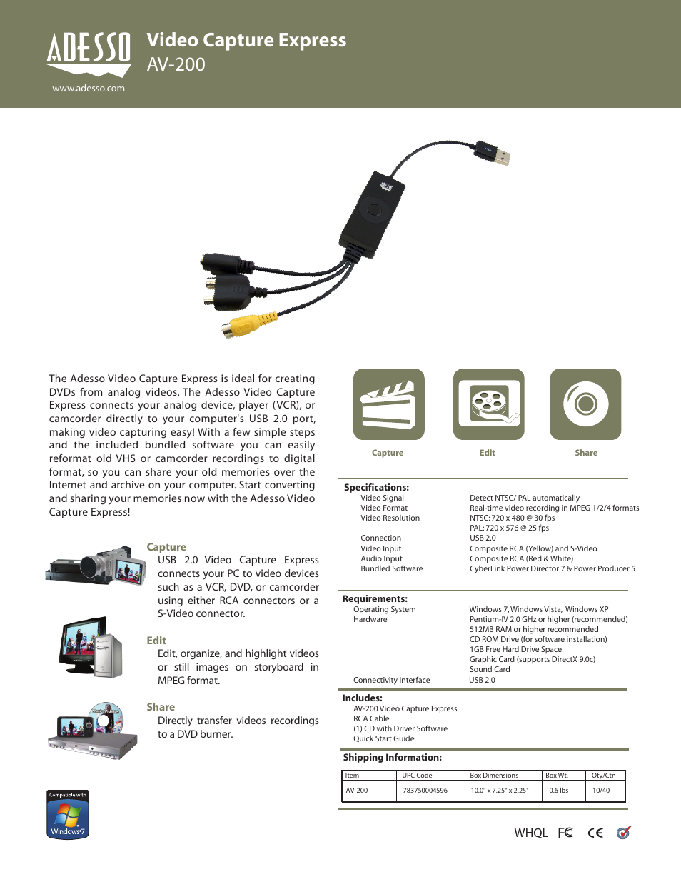 Adesso AV-200 User Manual | 1 page