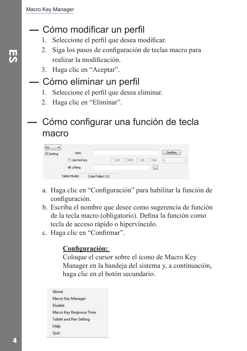 Cómo conﬁgurar una función de tecla macro, Cómo modiﬁcar un perﬁl, Cómo eliminar un perﬁl | Adesso Cybertablet M14 Users Manual User Manual | Page 17 / 36