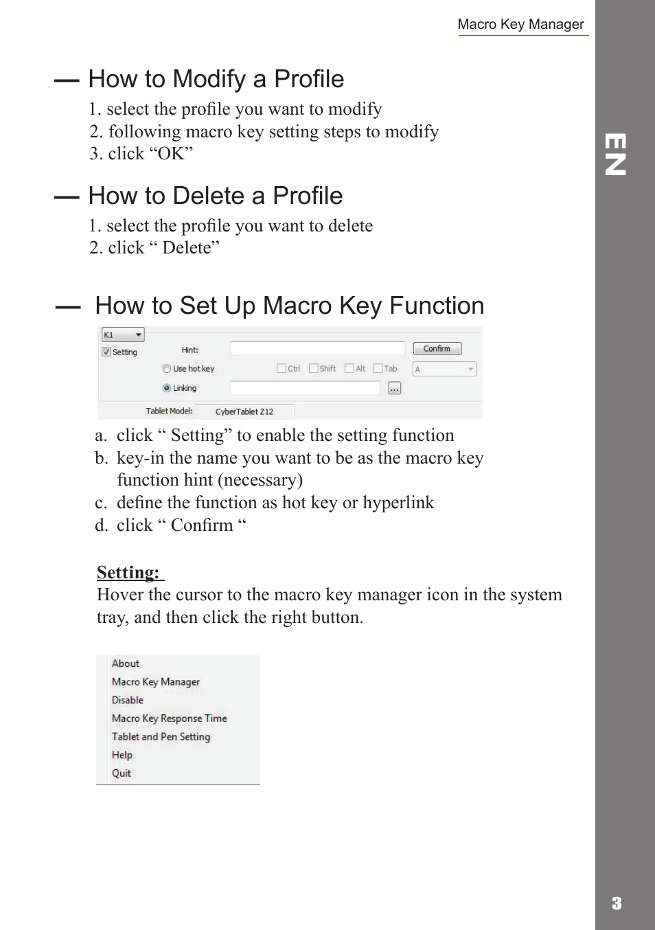 How to set up macro key function, How to modify a proﬁle, How to delete a proﬁle | Adesso Cybertablet M14 Users Manual User Manual | Page 5 / 36