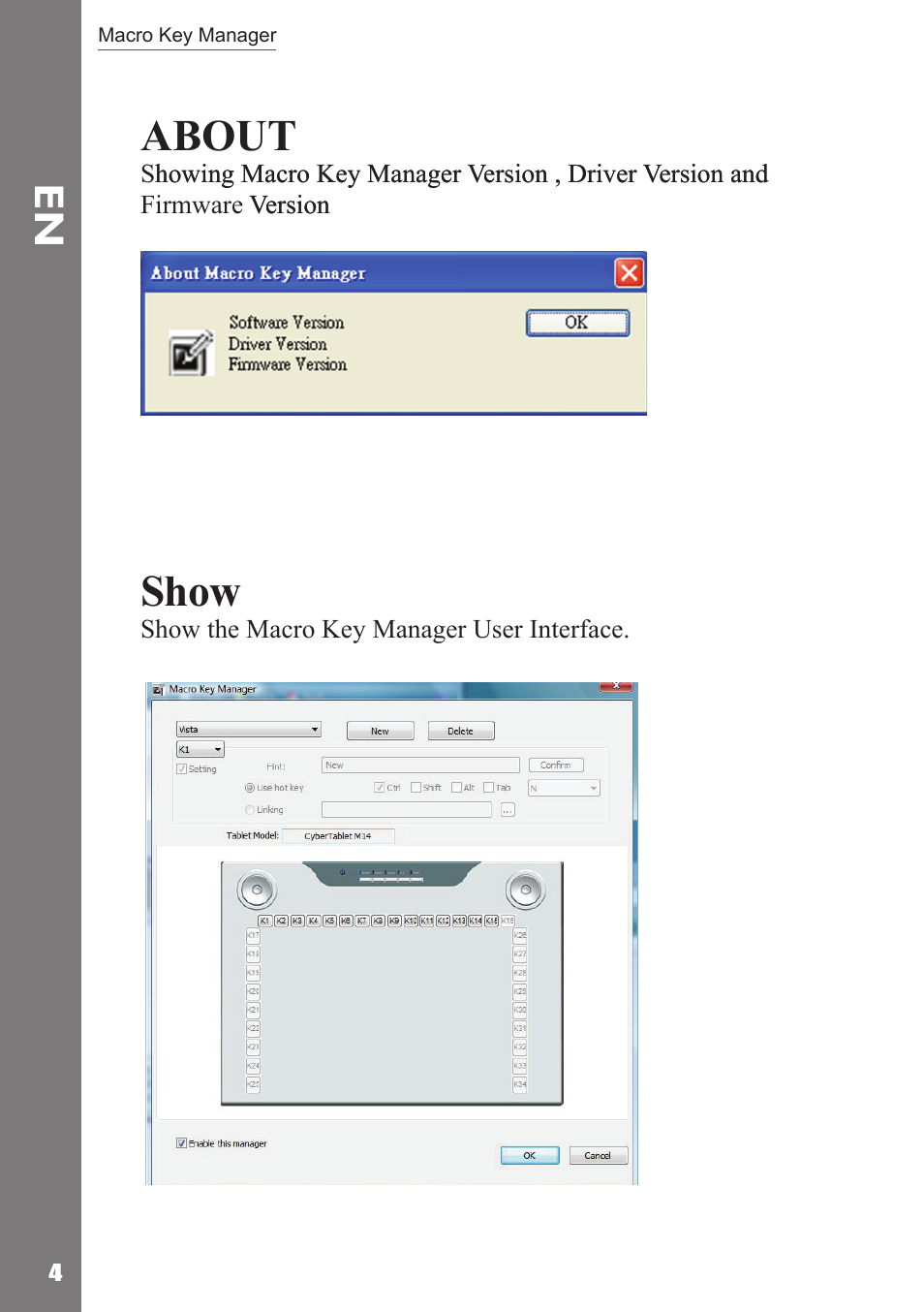 About, Show, Enable/ disable | Adesso Cybertablet M14 Users Manual User Manual | Page 6 / 36