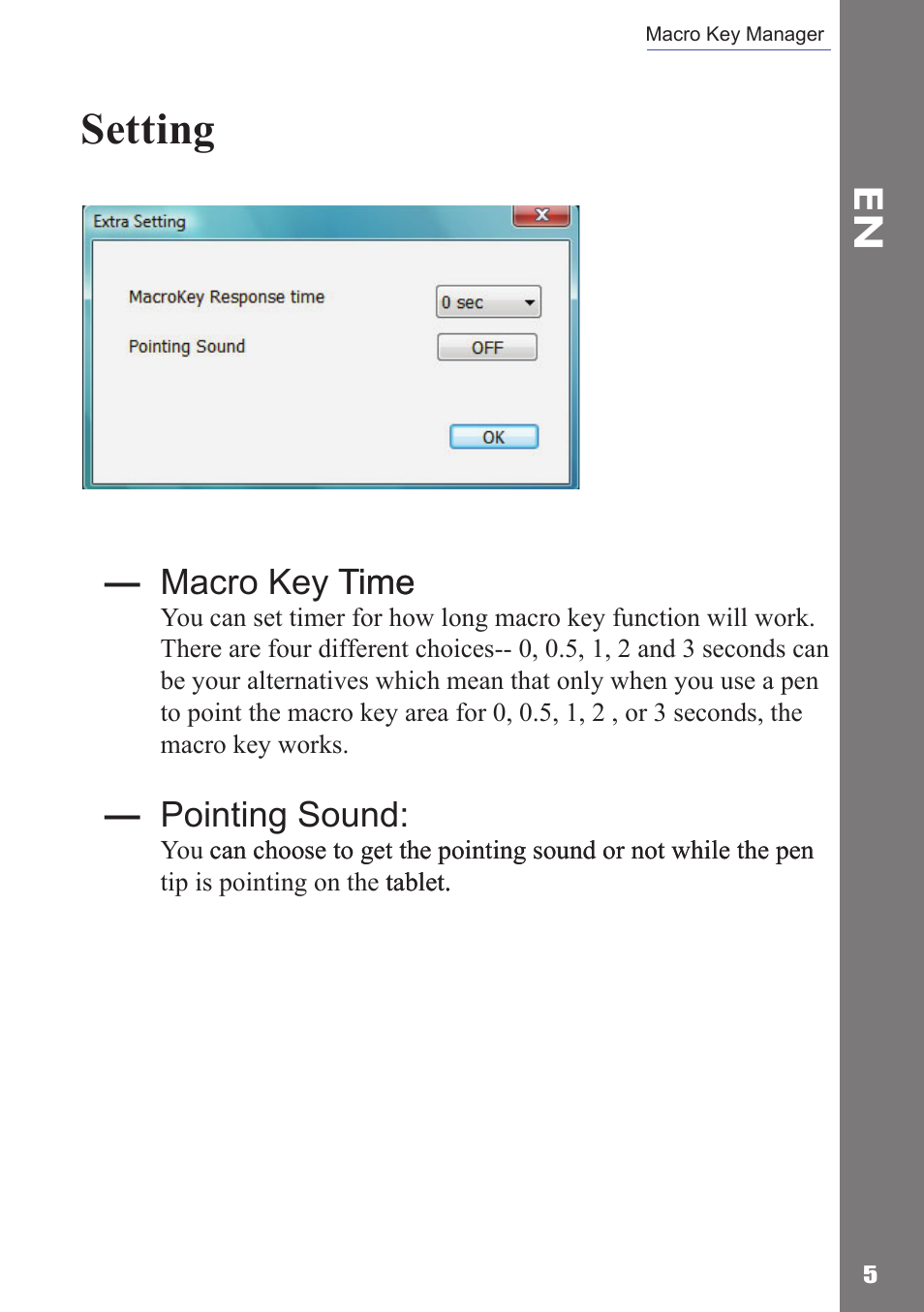 Setting, Macro key time time, Pointing sound | Adesso Cybertablet M14 Users Manual User Manual | Page 7 / 36