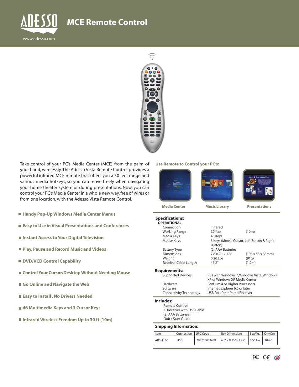 Adesso ARC-1100 User Manual | 1 page