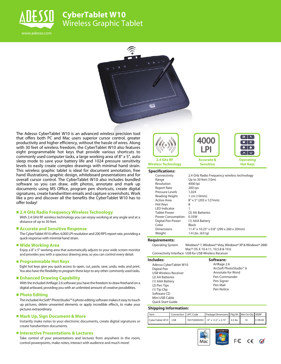 Adesso CyberTablet W10 Datasheet User Manual | 2 pages