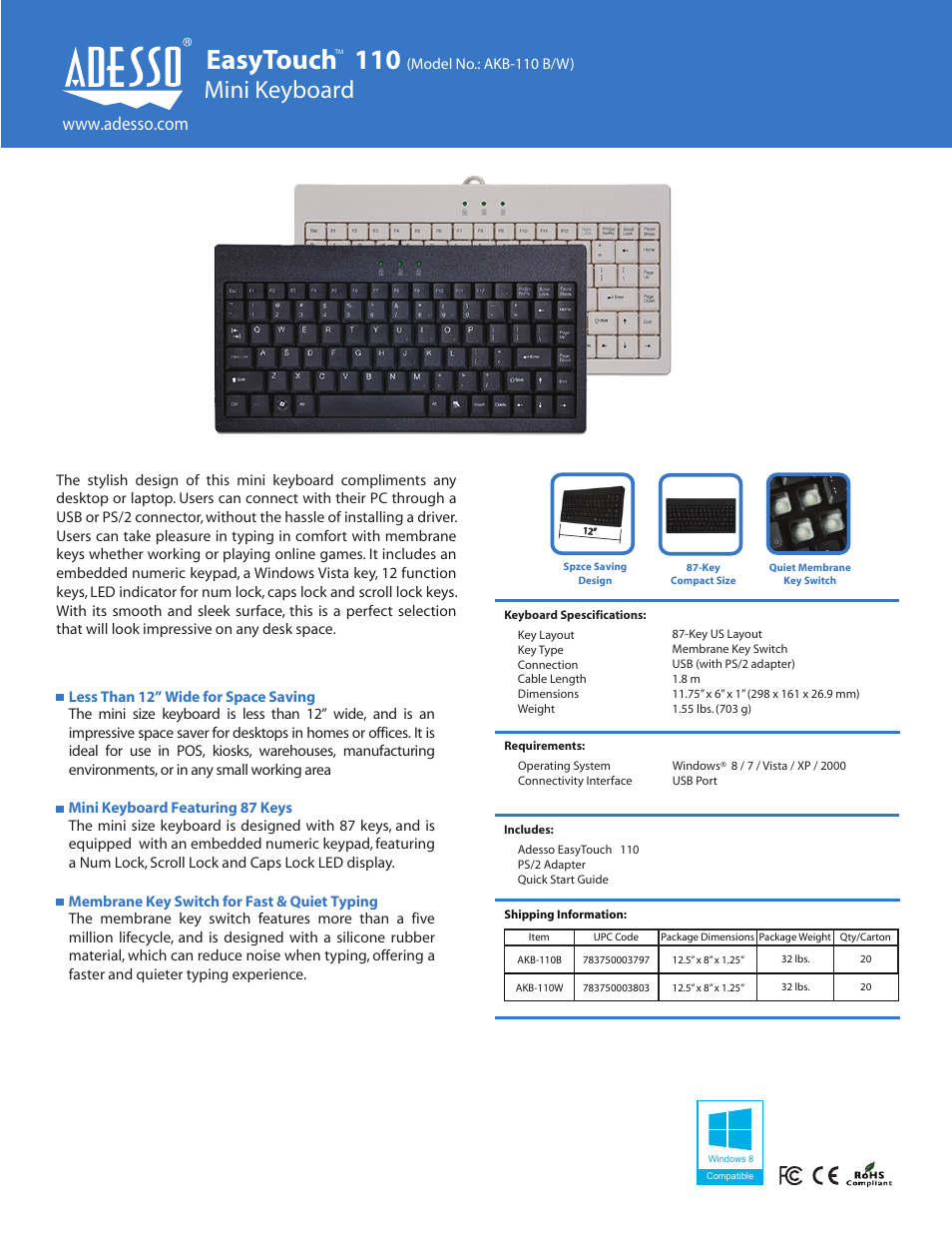 Adesso AKB-110W User Manual | 1 page