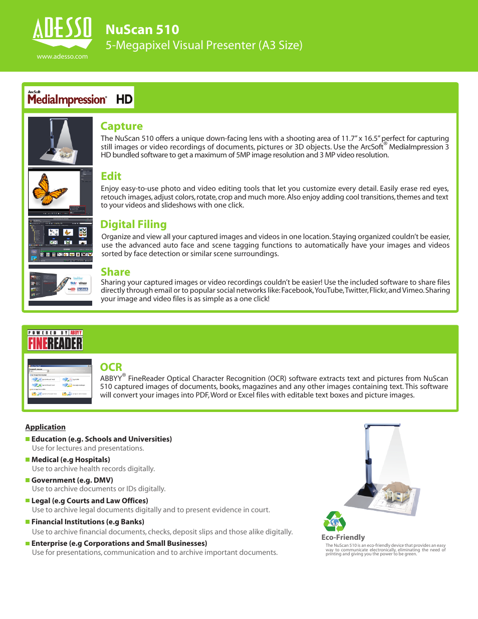 Nuscan 510, Megapixel visual presenter (a3 size), Capture | Edit, Digital filing, Share | Adesso NuScan 510 User Manual | Page 2 / 2