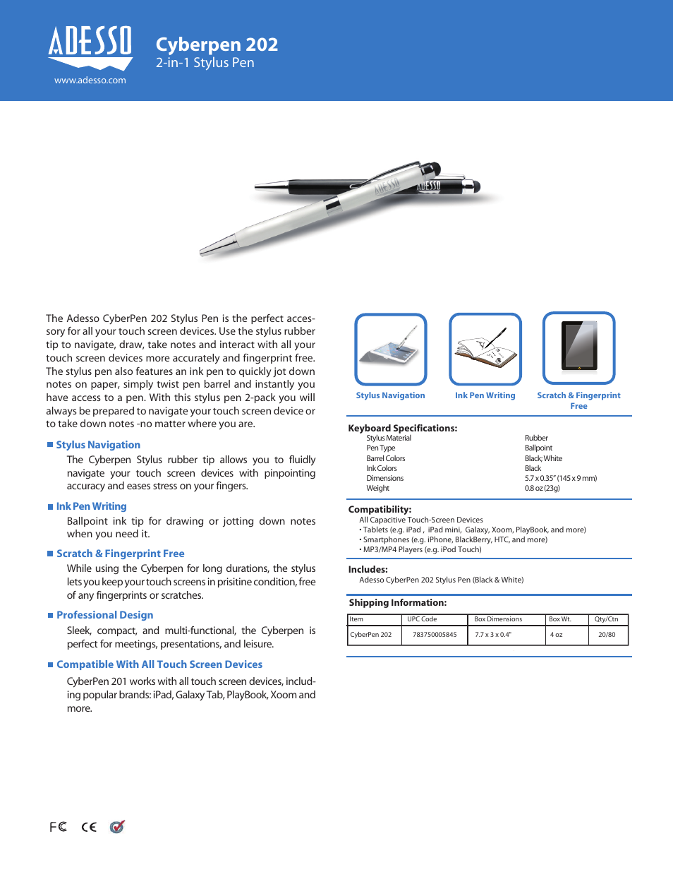 Adesso CyberPen 202 User Manual | 1 page