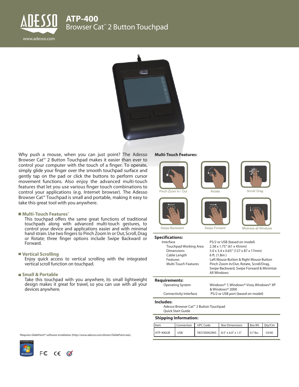 Adesso ATP-400UB User Manual | 1 page