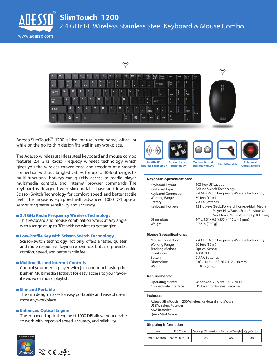 Adesso WKB-1200UB User Manual | 1 page