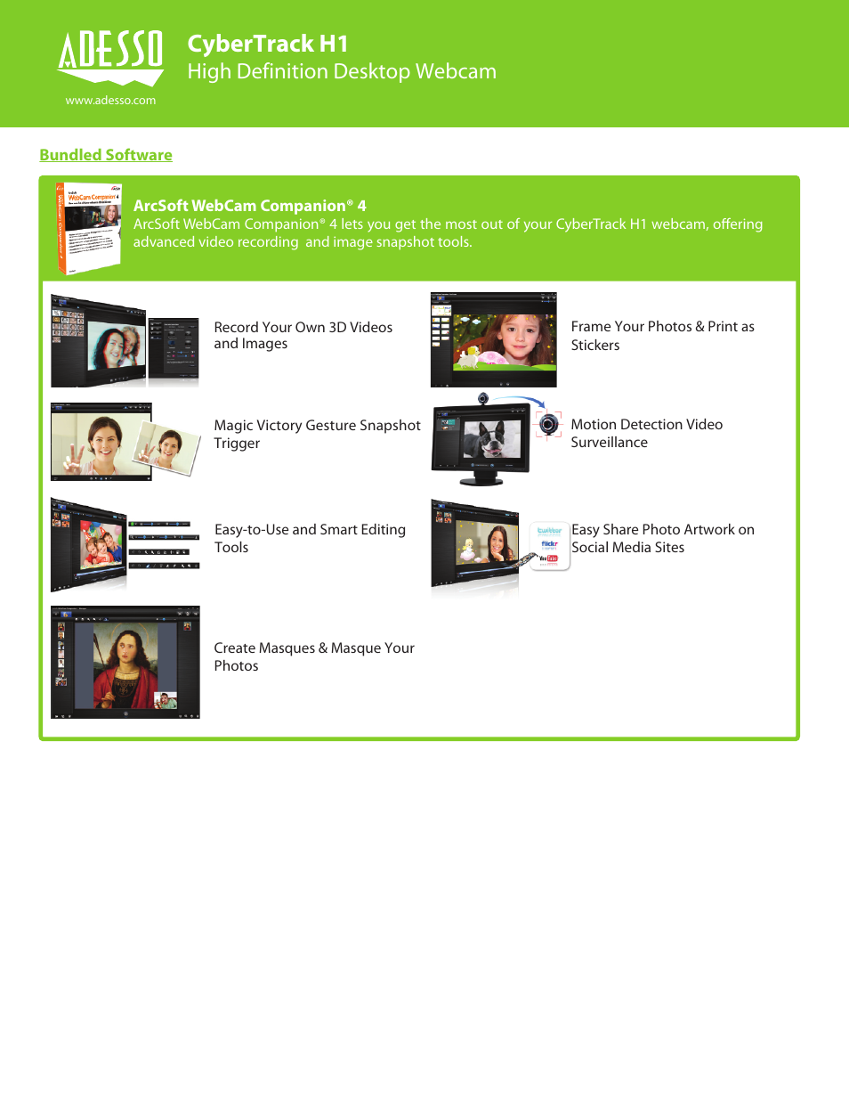 Cybertrack h1, High definition desktop webcam | Adesso CyberTrack H1 User Manual | Page 2 / 2
