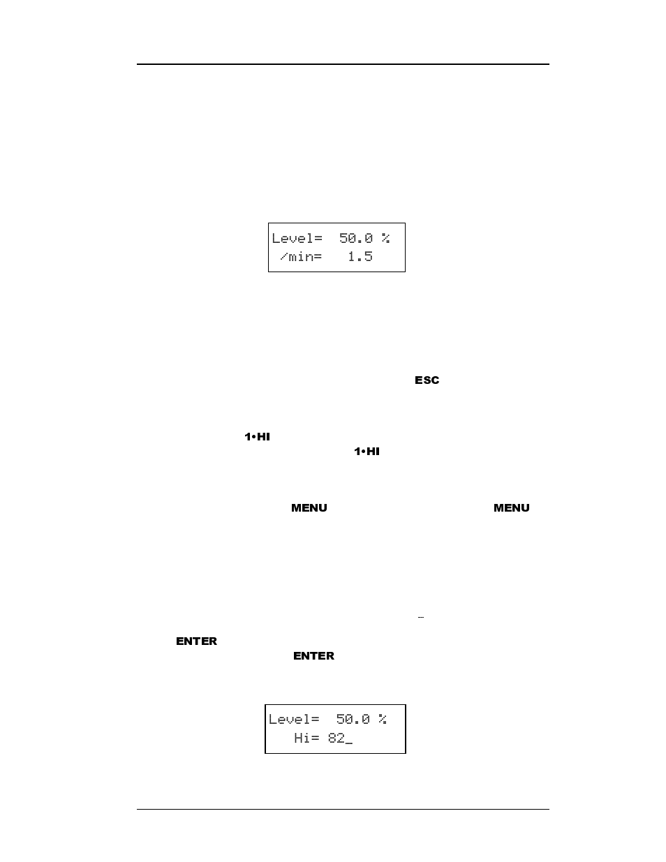 3 menu reference, Figure 3-2. default display showing level (in %) a, 1 accessing menus | 1 entering numerical values, Menu reference, Accessing menus 3.3.1.1 entering numerical values, Operation, Hyho, Hyho   +l b | American Magnetics 187 Self-Compensating Liquid Level Controller User Manual | Page 29 / 75