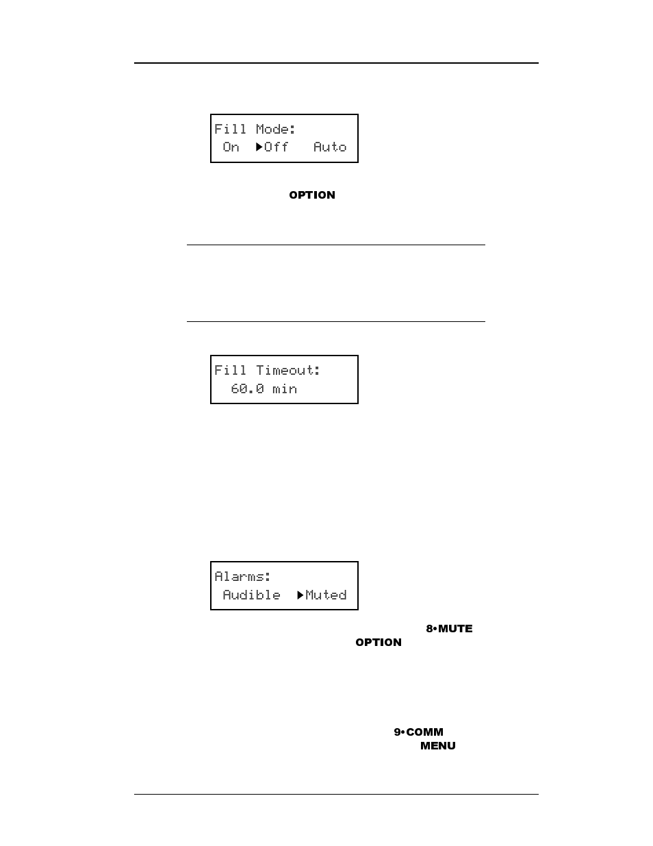 1 fill mode, 2 fill timeout, 9 mute menu | 10 comm menu, 1 fill mode 3.3.8.2 fill timeout, Mute menu, Operation | American Magnetics 187 Self-Compensating Liquid Level Controller User Manual | Page 33 / 75