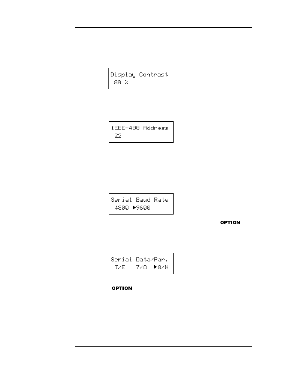 1 display contrast, 2 ieee-488 address, 3 serial baud rate | 4 serial data bits/parity | American Magnetics 187 Self-Compensating Liquid Level Controller User Manual | Page 34 / 75