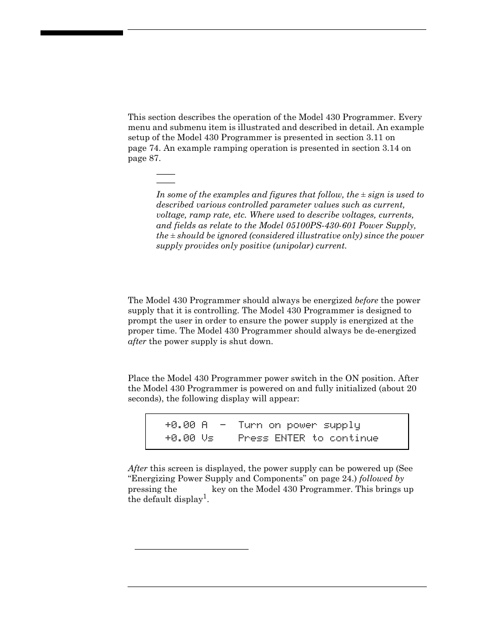 3 operation, 1 system power on/off sequence, 1 model 430 programmer power on/off | Operation | American Magnetics 05100PS-430-601 Integrated Power Supply System User Manual | Page 41 / 224