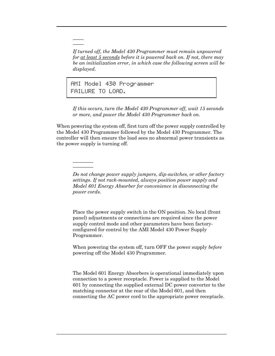 2 energizing power supply and components, 1 power supply, 2 energy absorber | Wer supply can be powered up (see, Operation, Ami model 430 programmer failure to load | American Magnetics 05100PS-430-601 Integrated Power Supply System User Manual | Page 42 / 224