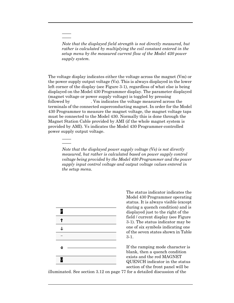 2 voltage display, 3 status indicator, Table 3-1. description of status indicators | Table 3-1, Description of status indicators, Operation | American Magnetics 05100PS-430-601 Integrated Power Supply System User Manual | Page 44 / 224