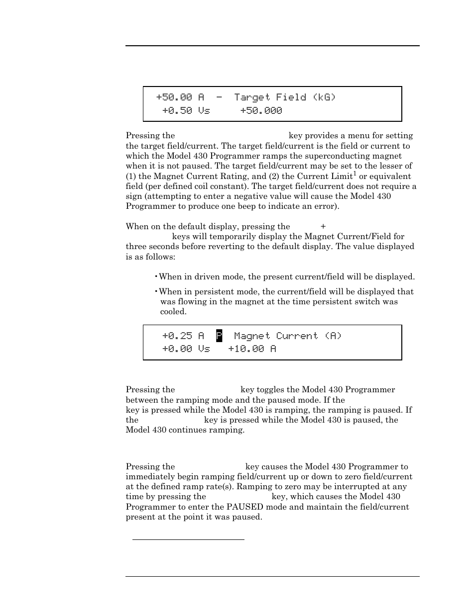 2 target field setpoint key, 3 ramp / pause key, 4 ramp to zero key | Operation | American Magnetics 05100PS-430-601 Integrated Power Supply System User Manual | Page 51 / 224