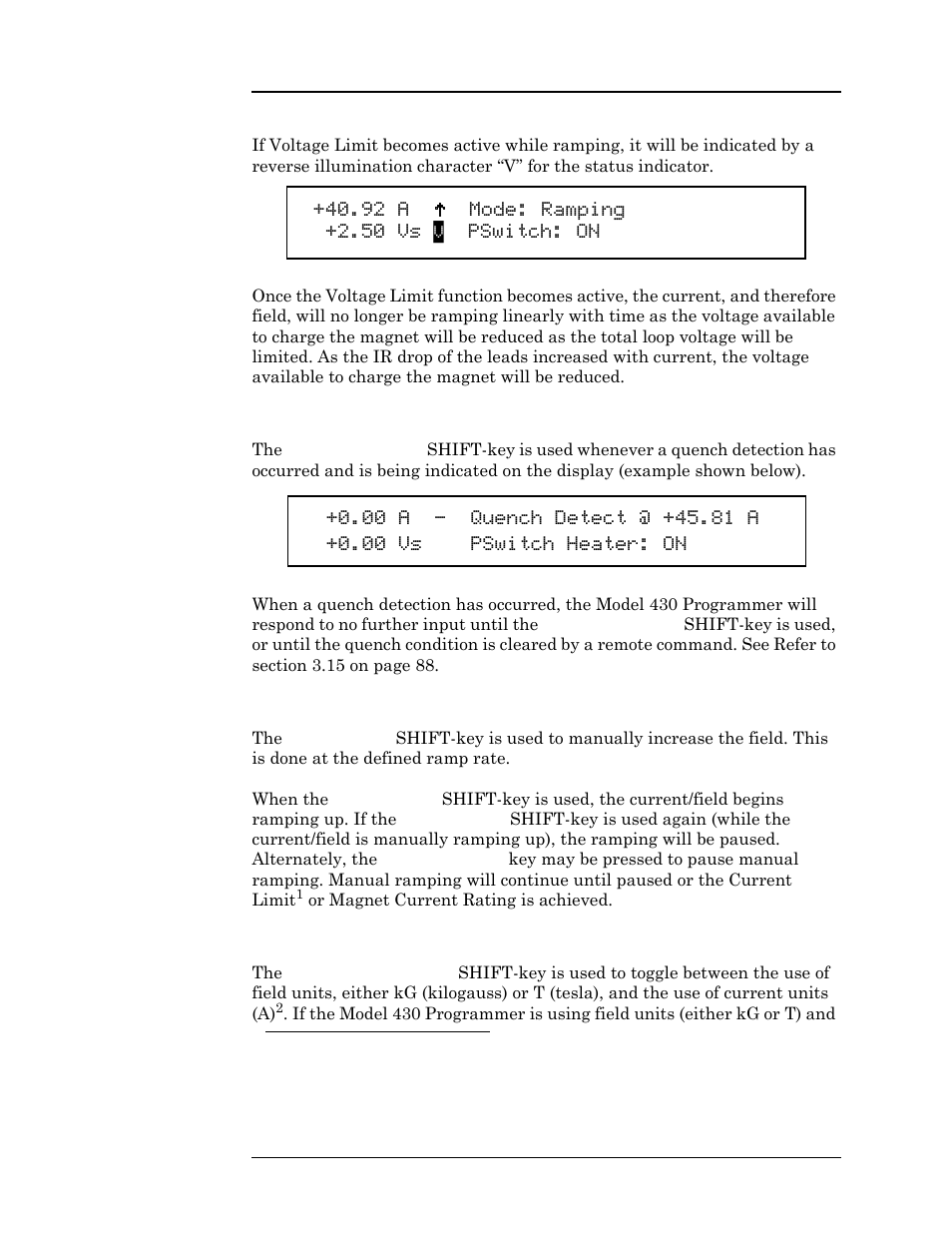 3 reset quench shift-key, 4 increment field shift-key, 5 field <> current shift-key | D 3.7.5, Operation | American Magnetics 05100PS-430-601 Integrated Power Supply System User Manual | Page 57 / 224