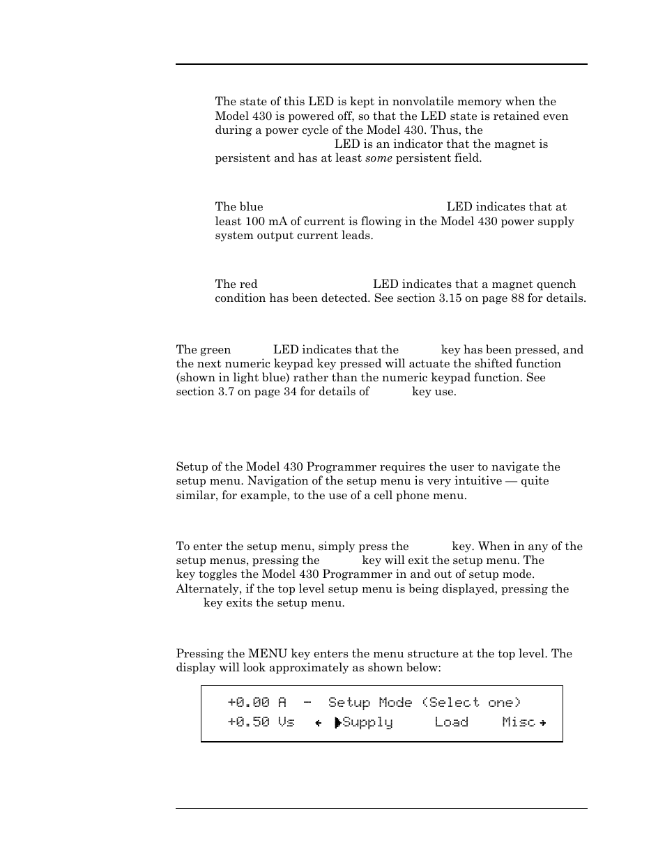 3 current leads energized indicator, 4 magnet quench indicator, 3 shift indicator | 9 setup menu, 1 entering / exiting setup menu, 2 menu navigation, Operation | American Magnetics 05100PS-430-601 Integrated Power Supply System User Manual | Page 61 / 224