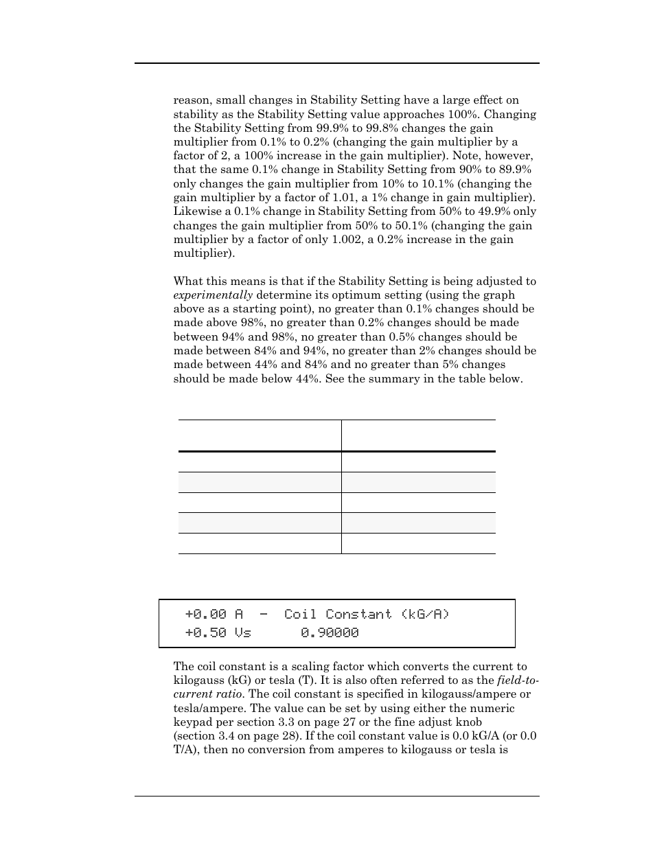 2 coil constant, Table 3-4, Maximum recommended stability setting changes | Operation | American Magnetics 05100PS-430-601 Integrated Power Supply System User Manual | Page 70 / 224