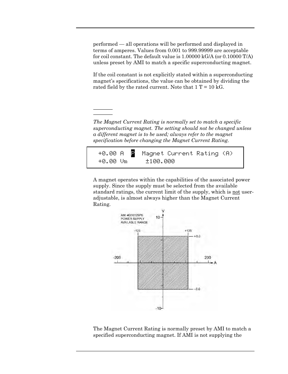 3 magnet current rating, Figure 3-10. typical power supply self-limits, Figure 3-10 typical power supply self-limits | Operation | American Magnetics 05100PS-430-601 Integrated Power Supply System User Manual | Page 71 / 224