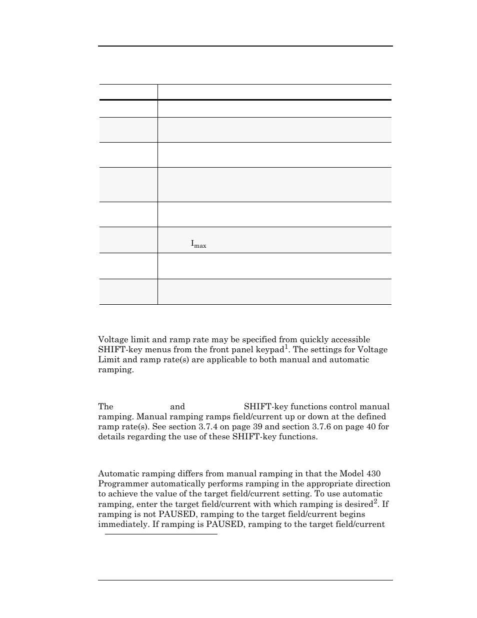 Table 3-6. ramp modes and descriptions, 2 manual ramping, 3 automatic ramping | Table 3-6, Ramp modes and descriptions, E 3-6, Operation | American Magnetics 05100PS-430-601 Integrated Power Supply System User Manual | Page 96 / 224