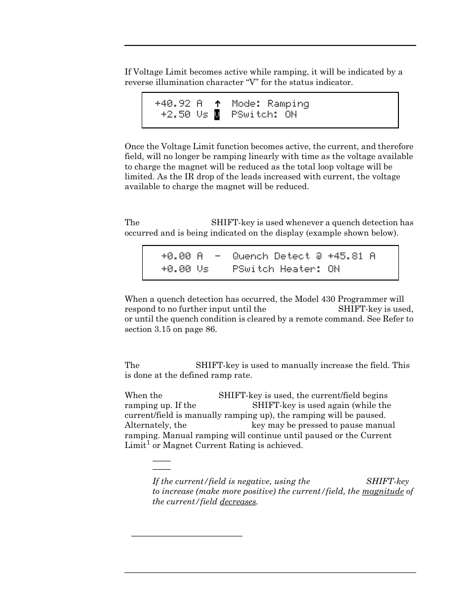 3 reset quench shift-key, 4 increment field shift-key, Operation | American Magnetics 4Q06125PS-430 Integrated Power Supply System User Manual | Page 55 / 216