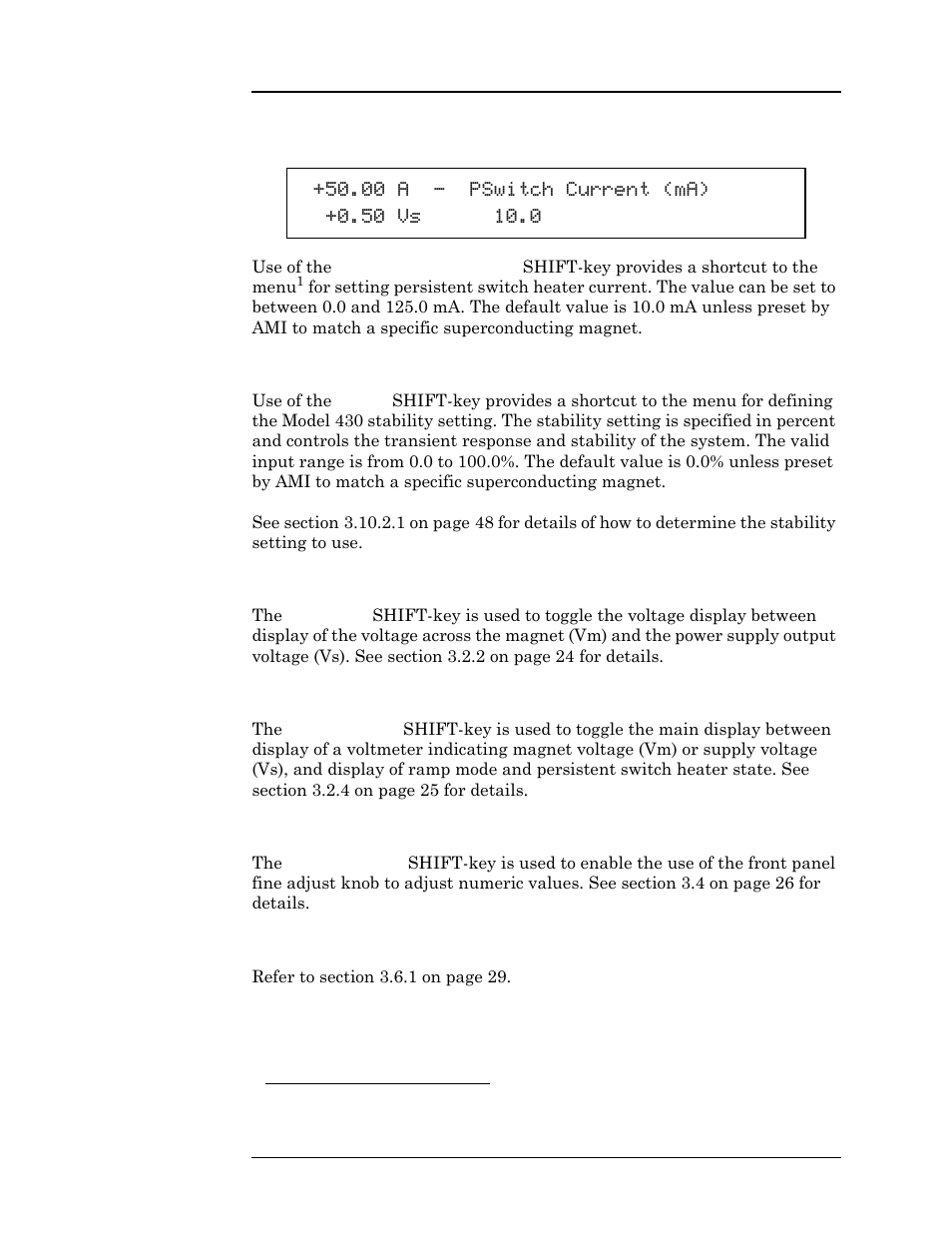 8 persistent switch heater current shift-key, 9 stability shift-key, 10 vs <> vm shift-key | 11 volt meter shift-key, 12 fine adjust shift-key, 13 persist. switch control shift-key, Operation | American Magnetics 4Q06125PS-430 Integrated Power Supply System User Manual | Page 57 / 216