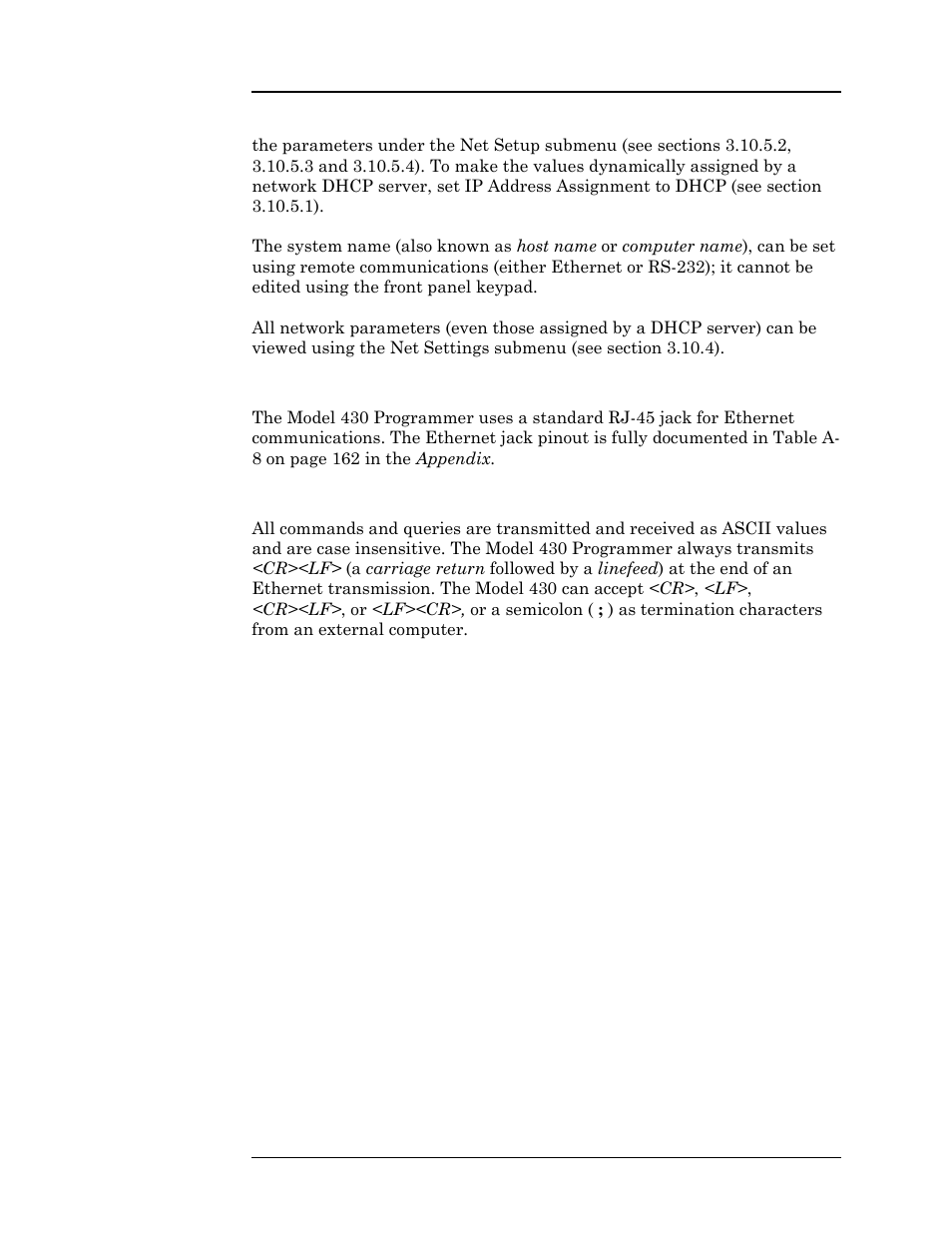 1 ethernet connector, 2 termination characters, Remote interface reference | American Magnetics 05500PS-430-601 High Stability Integrated Power Supply System User Manual | Page 131 / 228