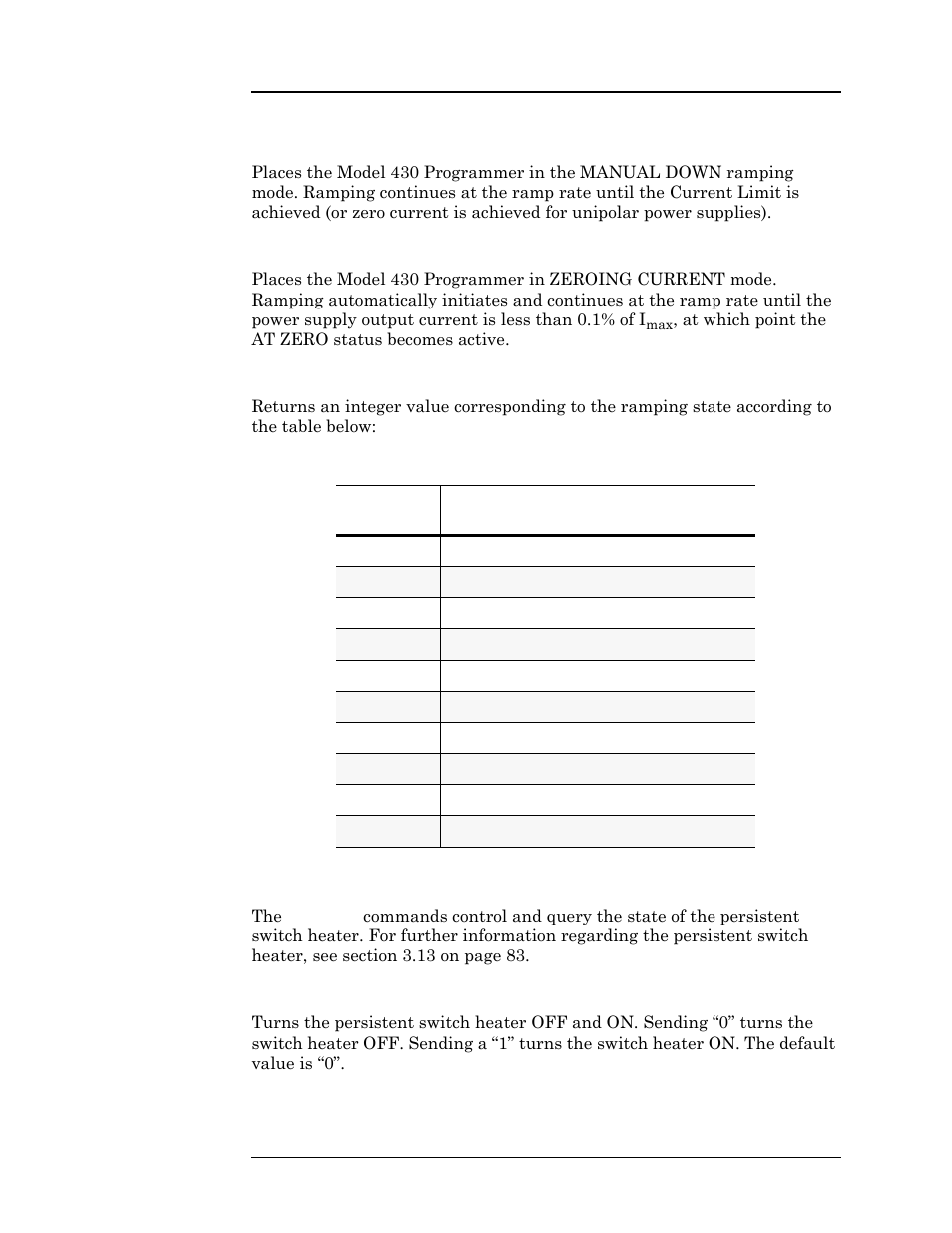 7 switch heater command and query, Table 4-5, Return values and meanings for | State, Remote interface reference | American Magnetics 05500PS-430-601 High Stability Integrated Power Supply System User Manual | Page 149 / 228