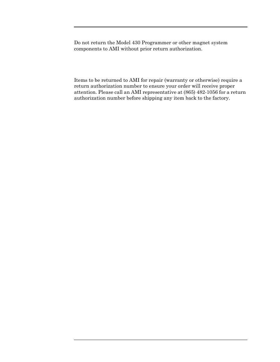 4 return authorization, Service | American Magnetics 05500PS-430-601 High Stability Integrated Power Supply System User Manual | Page 169 / 228