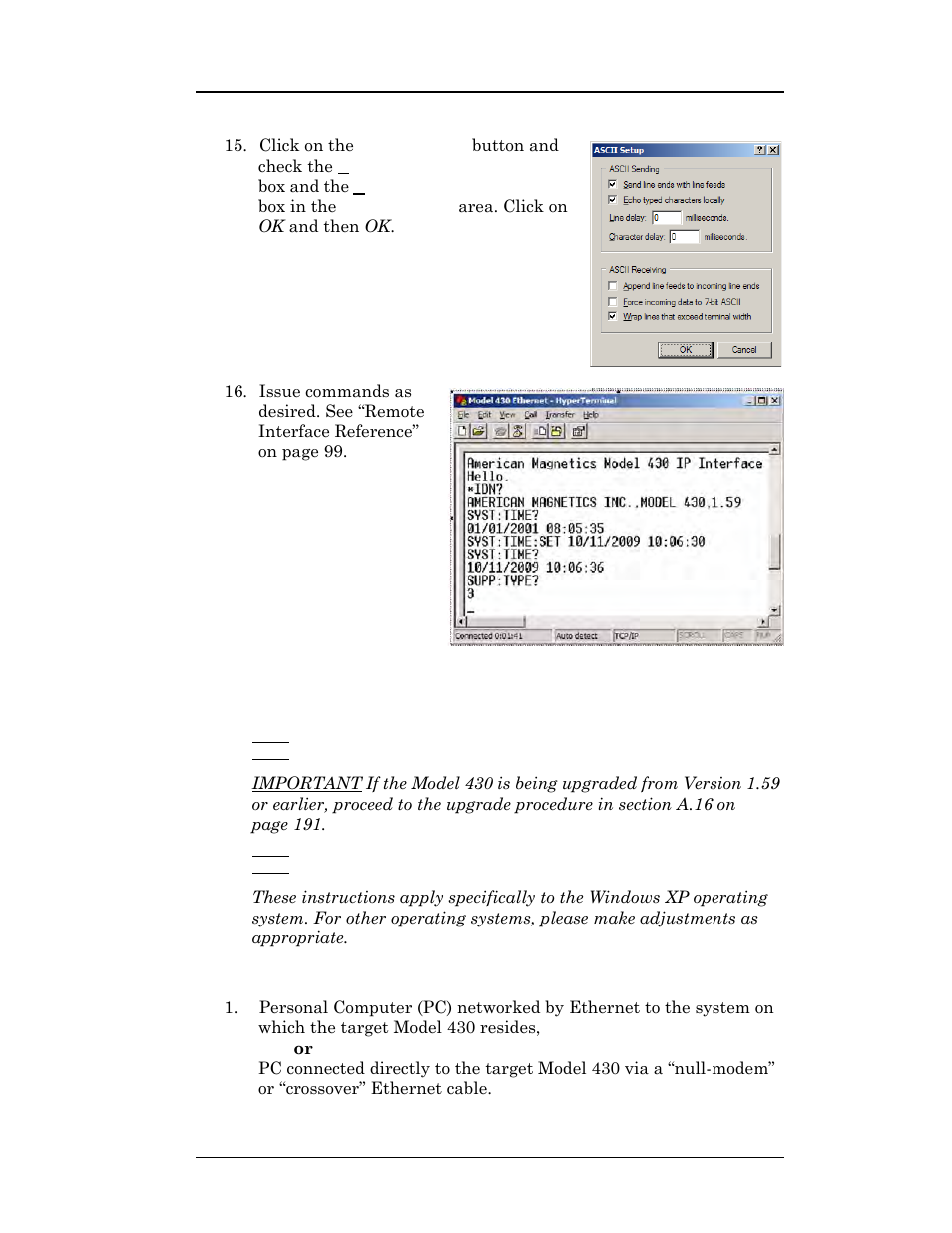 A.15 upgrading the model 430 firmware via ftp, A.15.1 hardware and software requirements, Appendix | American Magnetics 05500PS-430-601 High Stability Integrated Power Supply System User Manual | Page 202 / 228