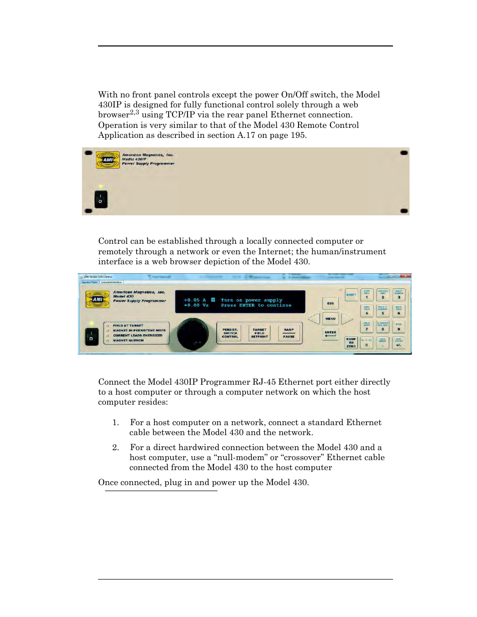 A.18 model 430ip power supply programmer, Figure a-9. model 430ip front panel, Figure a-10. browser depiction of the model 430 | Appendix | American Magnetics 05500PS-430-601 High Stability Integrated Power Supply System User Manual | Page 216 / 228