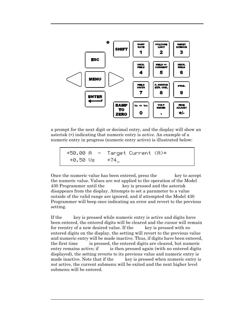 Figure 3-2. numeric keypad and associated keys, Figure 3-2 numeric keypad and associated keys, Operation | American Magnetics 05500PS-430-601 High Stability Integrated Power Supply System User Manual | Page 50 / 228