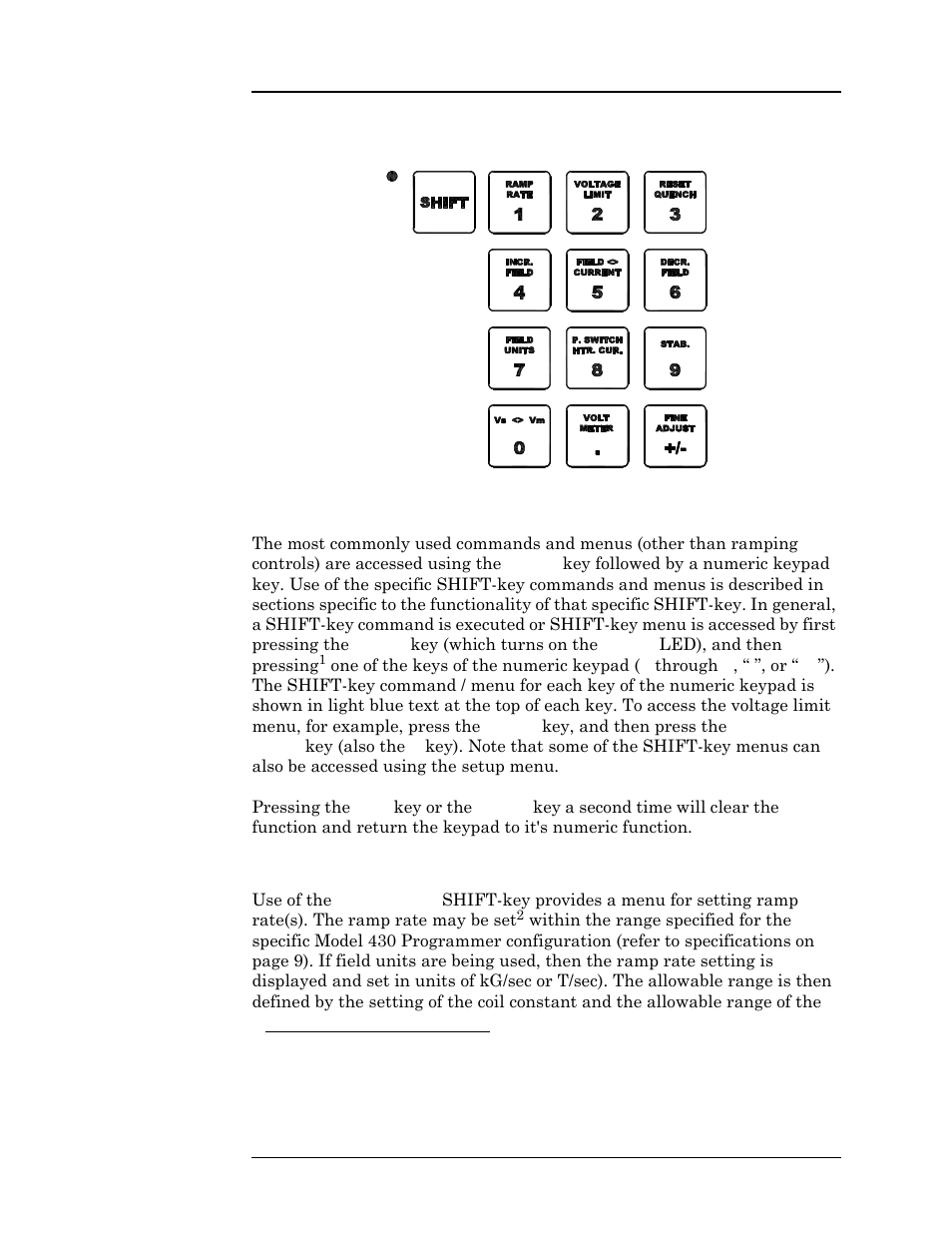 7 shift-key commands / menus, Figure 3-5. shift-key functions, 1 ramp rate shift-key | Figure 3-5 shift-key functions, Operation | American Magnetics 05500PS-430-601 High Stability Integrated Power Supply System User Manual | Page 57 / 228