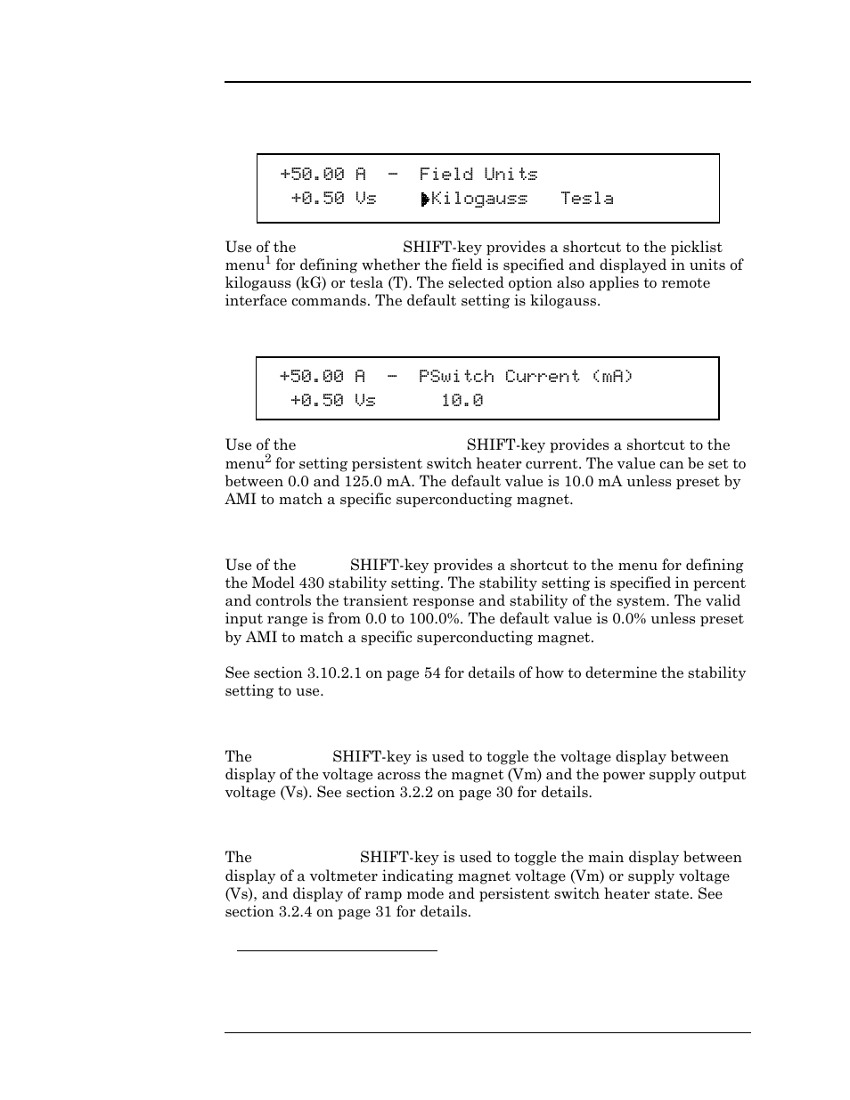 7 field units shift-key, 8 persistent switch heater current shift-key, 9 stability shift-key | 10 vs <> vm shift-key, 11 volt meter shift-key, Operation | American Magnetics 05500PS-430-601 High Stability Integrated Power Supply System User Manual | Page 63 / 228