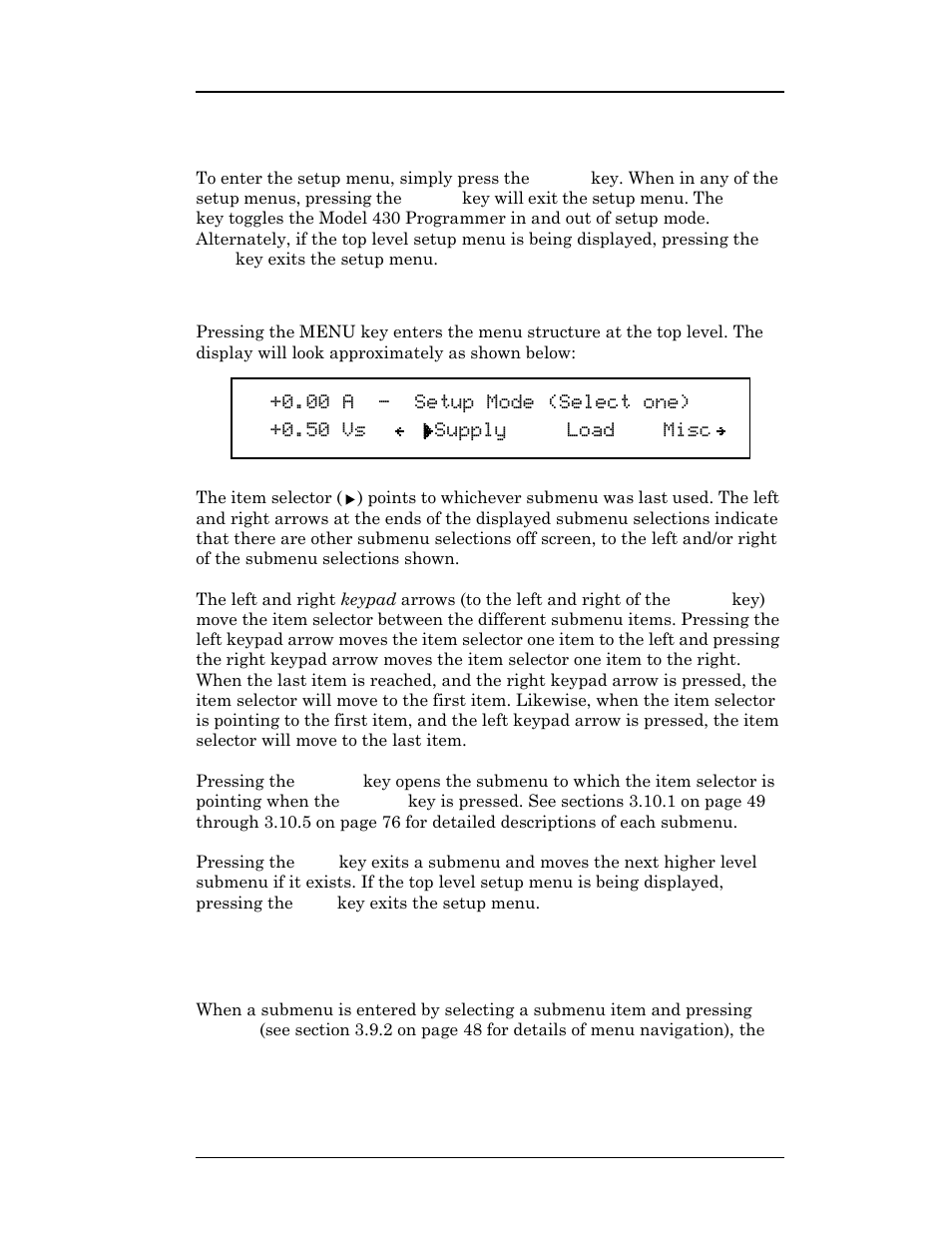 1 entering / exiting setup menu, 2 menu navigation, 10 setup submenu descriptions | D 3.10, Operation | American Magnetics 05500PS-430-601 High Stability Integrated Power Supply System User Manual | Page 66 / 228