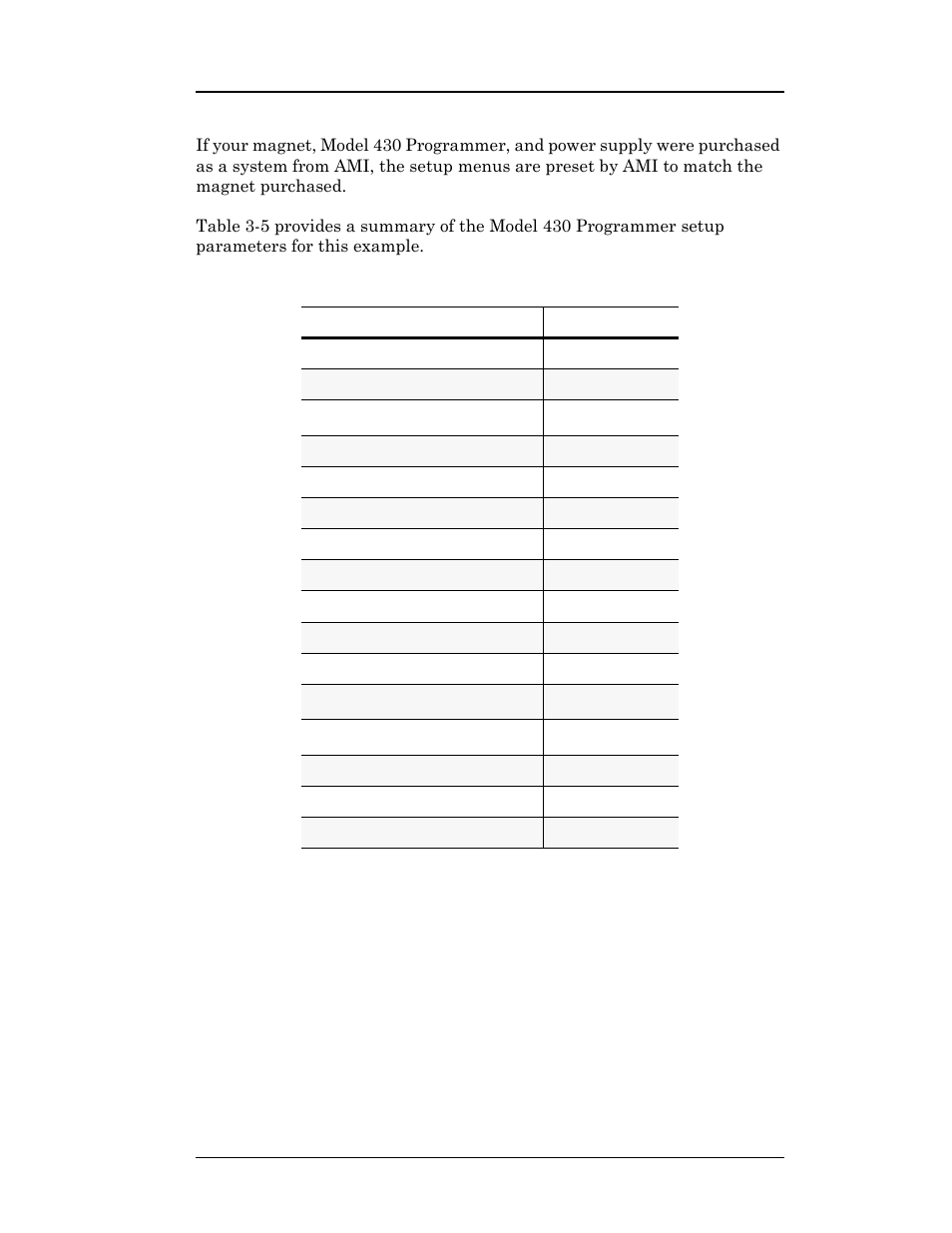 Table 3-5. example setup configuration, Table 3-5, Example setup configuration | Operation | American Magnetics 05500PS-430-601 High Stability Integrated Power Supply System User Manual | Page 98 / 228